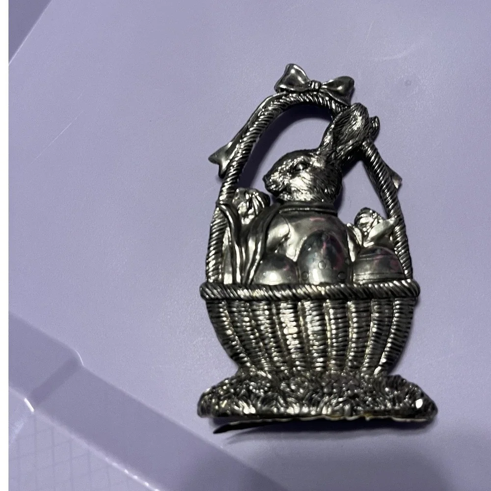 Vintage Silver Tone Metal Easter Bunny Basket Figurine Spring Decor 5.5 Inch